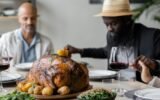 Thanksgiving dinner table setup in a community