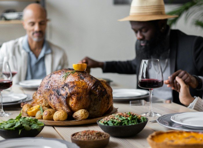 Thanksgiving dinner table setup in a community