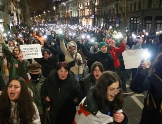 Protesters in Tbilisi Georgia rallying against the election of Mikheil Kavelashvili.