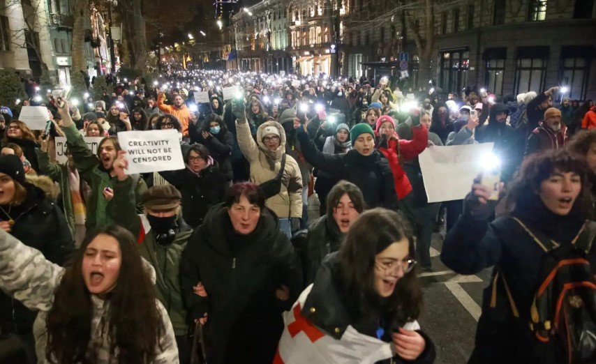 Protesters in Tbilisi Georgia rallying against the election of Mikheil Kavelashvili.