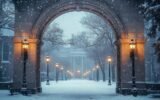 UGA Arch in snowy landscape