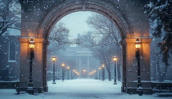 UGA Arch in snowy landscape