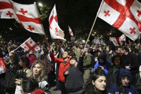 Georgian protest crowds with flags