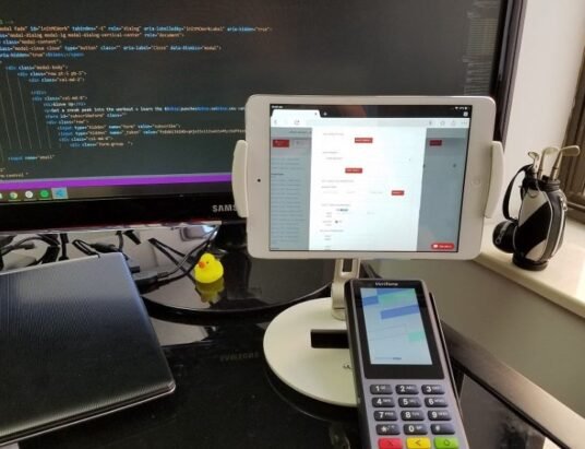 close-up of Stripe terminal or credit card reader with Georgia state