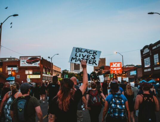 protesters in city street