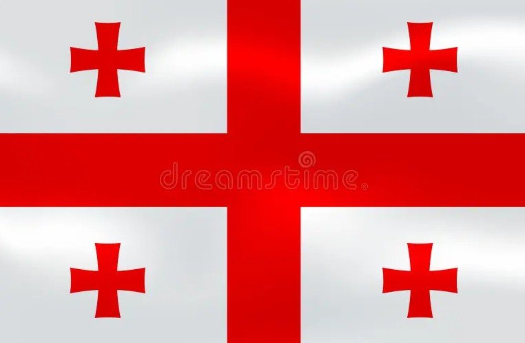 UK flag and Georgian flag waving with digital distortion effect