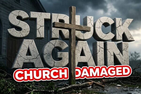 victory of albany church storm damage debris scattered outside building