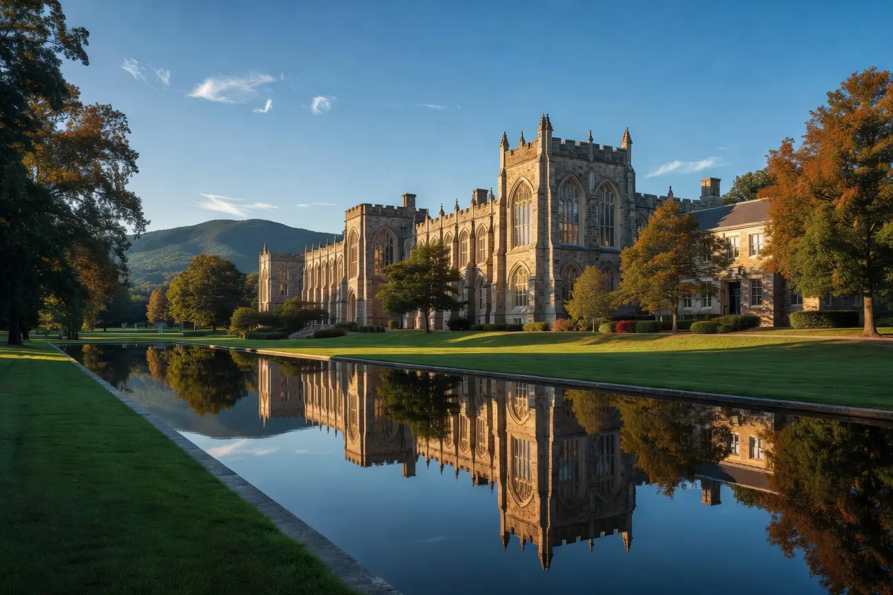 Berry College Gothic buildings beside reflecting pool in Rome Georgia campus view.