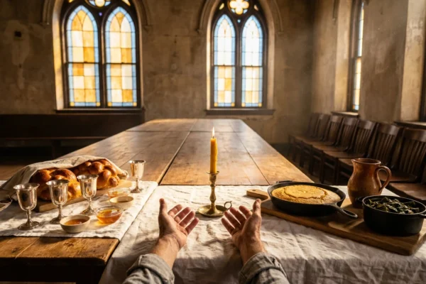 Black and Jewish unity dinner table set inside historic Atlanta synagogue interior.