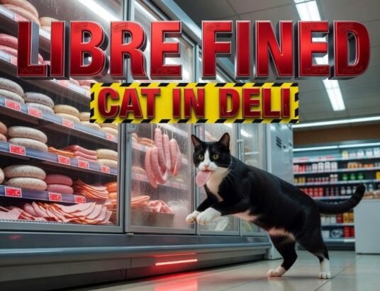 cat eating ham inside tbilisi supermarket deli case