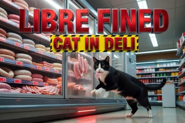 cat eating ham inside tbilisi supermarket deli case