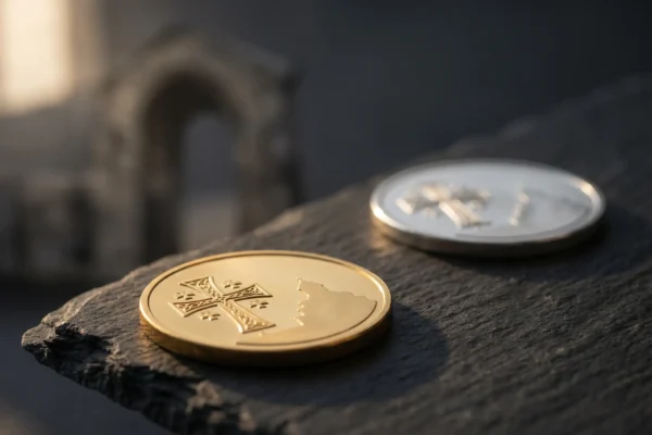 Georgia commemorative coins marking 1700 years of Christianity as state religion.
