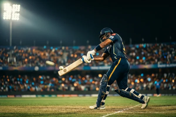 Gujarat Titans batter playing a record century chase in an IPL 2026 playoff.