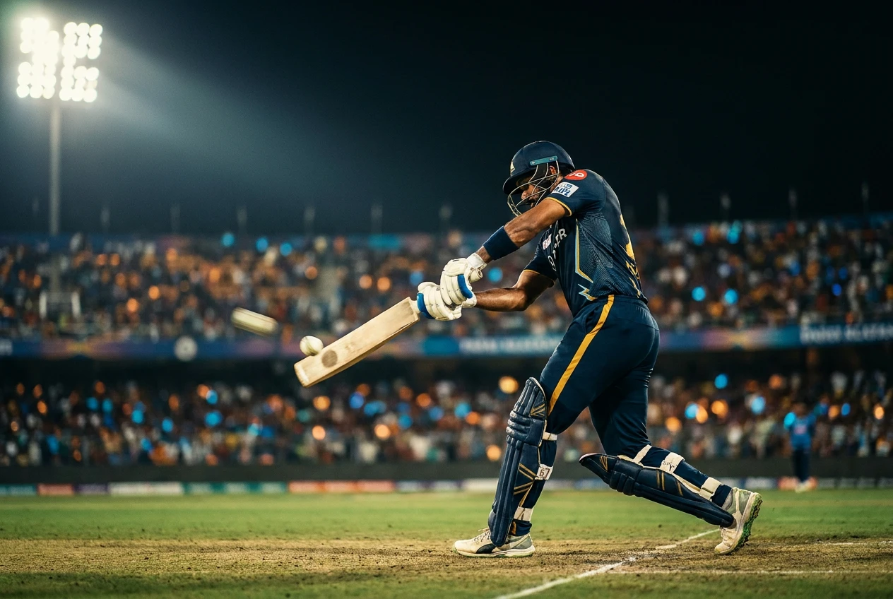 Gujarat Titans batter playing a record century chase in an IPL 2026 playoff.