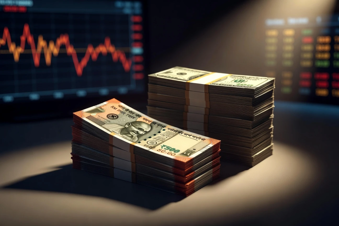 Indian rupee record low against US dollar amid Middle East oil shock pressure.