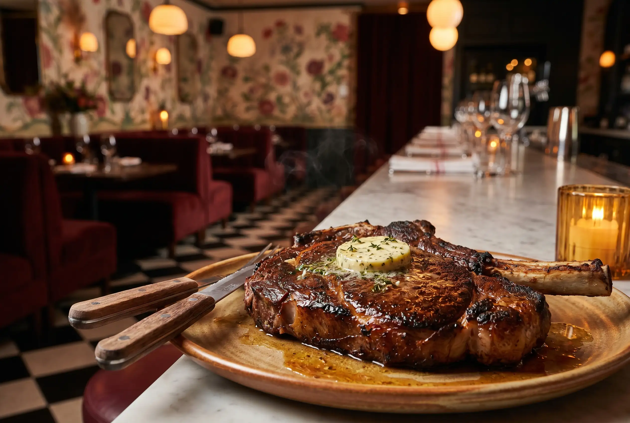 Luella Buckhead steakhouse dining room with oxblood velvet banquettes and steak.