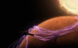 MAVEN spacecraft above Mars showing Zwan-Wolf plasma squeeze in the ionosphere during a solar storm.