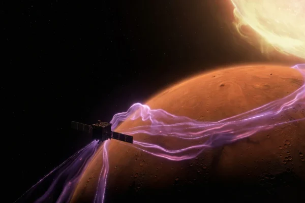 MAVEN spacecraft above Mars showing Zwan-Wolf plasma squeeze in the ionosphere during a solar storm.
