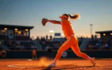 Tennessee Lady Vols softball pitcher mid-windup ahead of NCAA super regional vs Georgia.