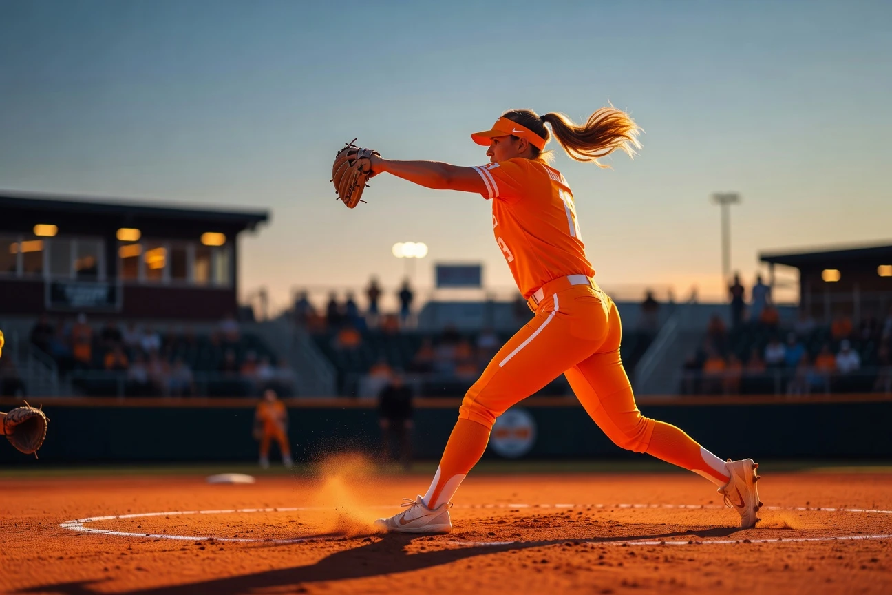 Tennessee Lady Vols softball pitcher mid-windup ahead of NCAA super regional vs Georgia.