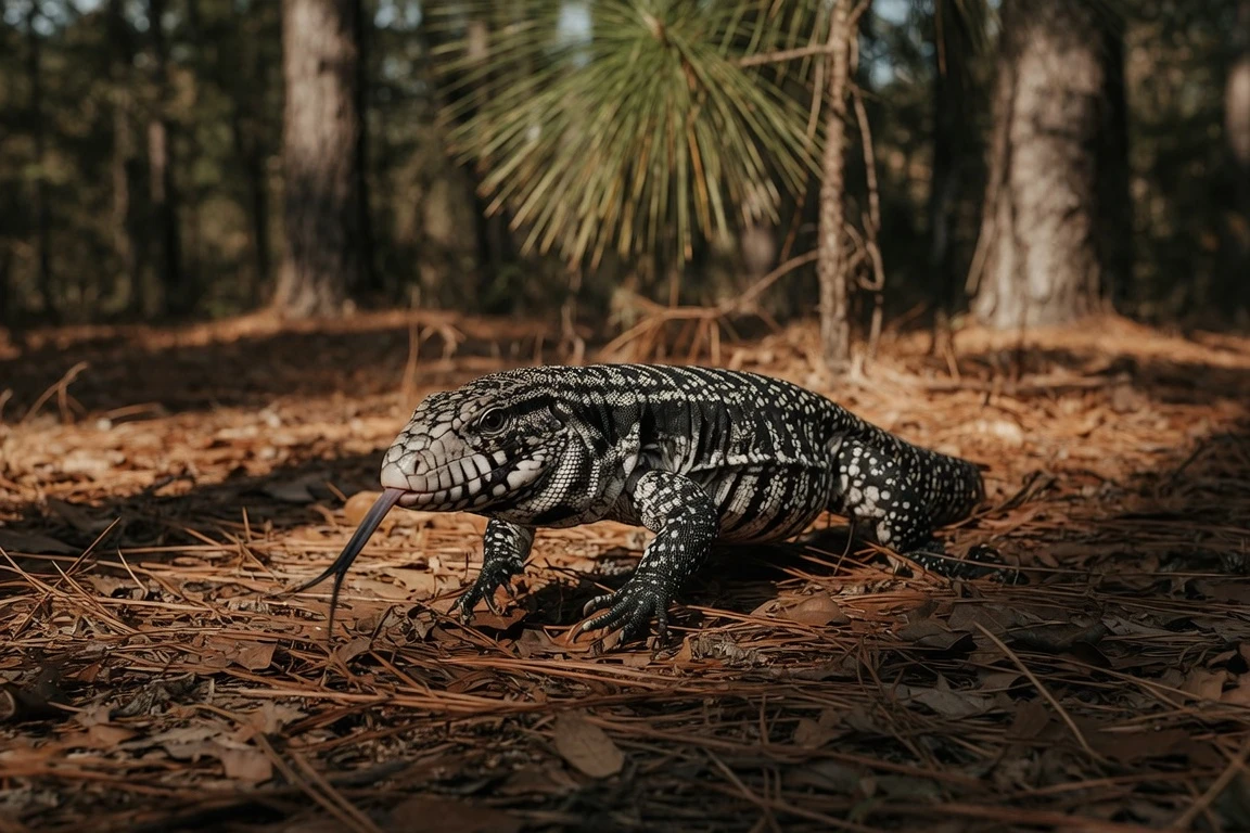 Argentine black and white tegu in Georgia pine forest