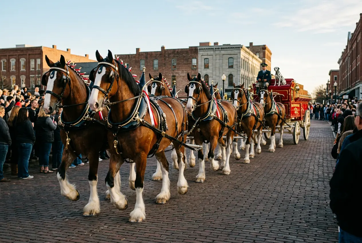 Budweiser Clydesdales eight-horse hitch parading through Savannah for 150th anniversary celebration.