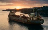 crude oil tanker moving through calm strait at dawn