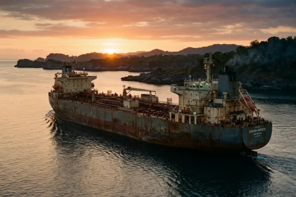 crude oil tanker moving through calm strait at dawn