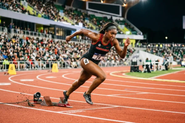 Georgia track and field athlete launching at 2026 NCAA Championships