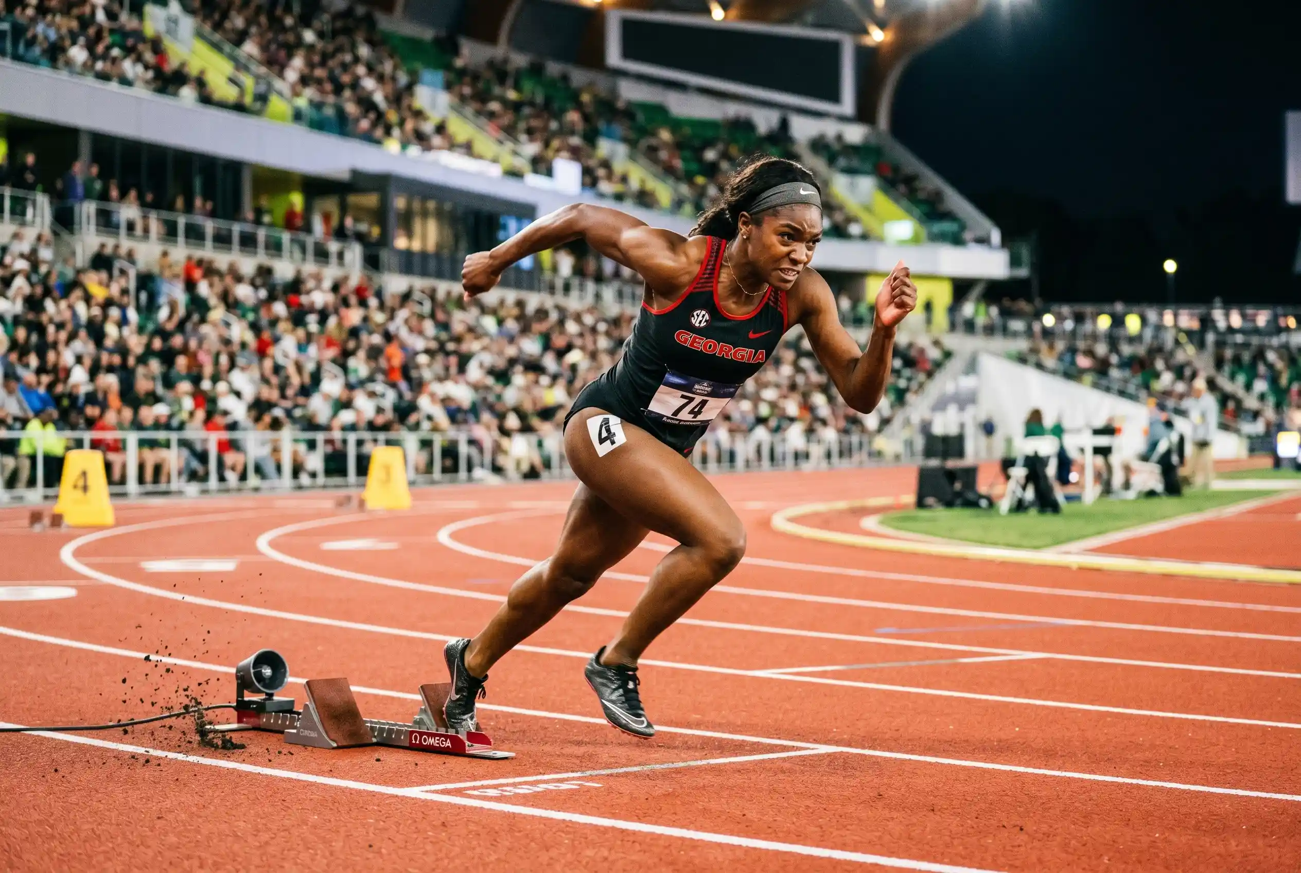 Georgia track and field athlete launching at 2026 NCAA Championships