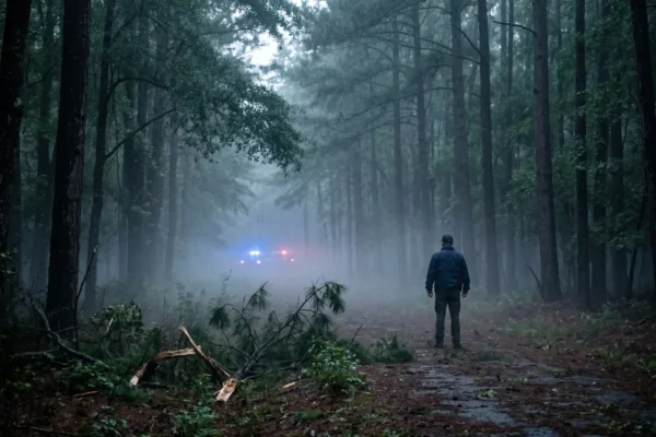 Georgia wedding helicopter crash site in foggy Dawson County woods near Dawsonville at dawn.