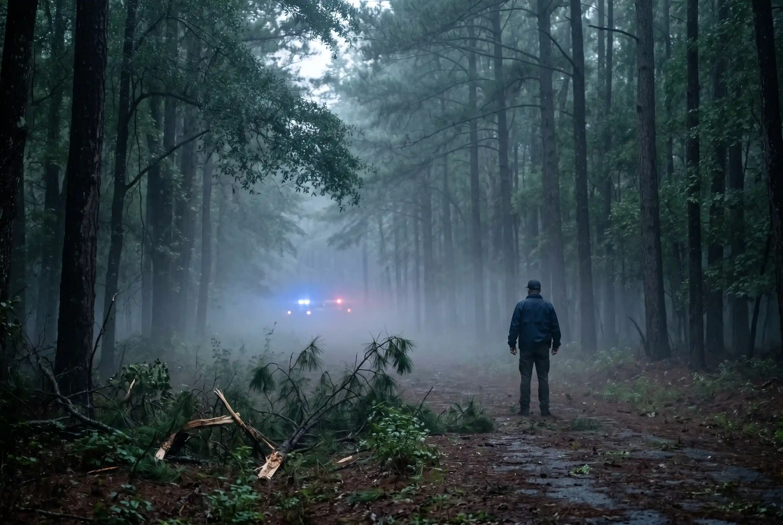 Georgia wedding helicopter crash site in foggy Dawson County woods near Dawsonville at dawn.