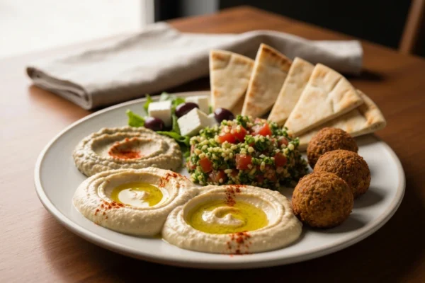 Mediterranean Grill Athens vegetarian plate with falafel hummus and baba ghanouj.
