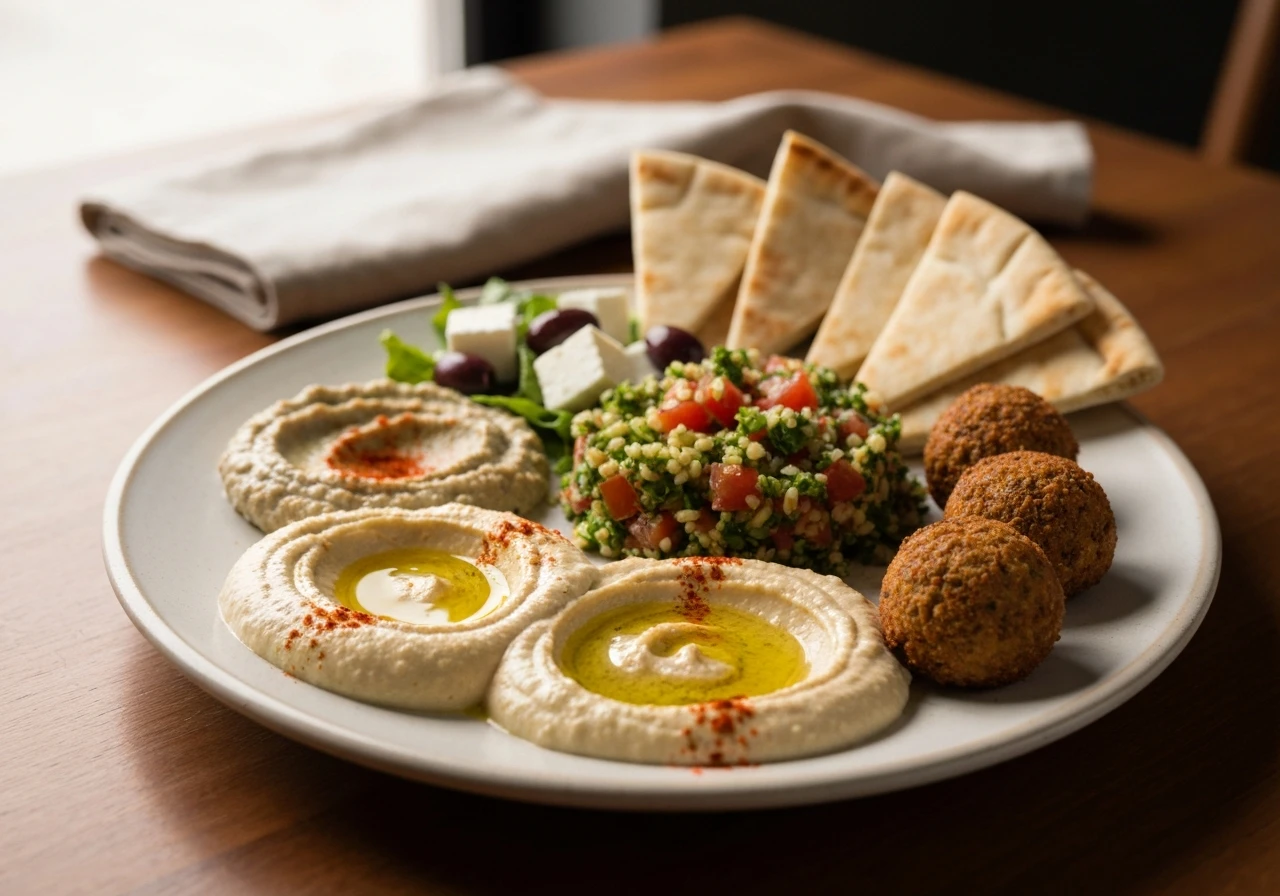 Mediterranean Grill Athens vegetarian plate with falafel hummus and baba ghanouj.