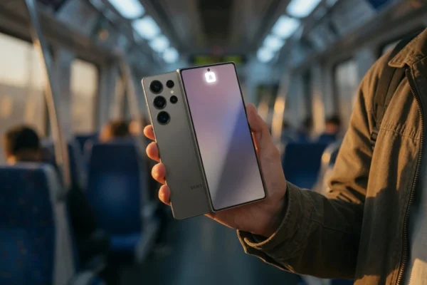 Samsung Galaxy S26 Ultra smartphone held in commuter hand