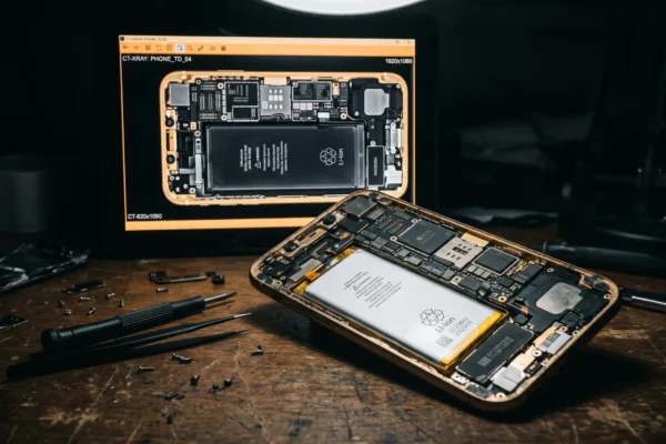 Trump Mobile T1 phone teardown showing gold handset opened
