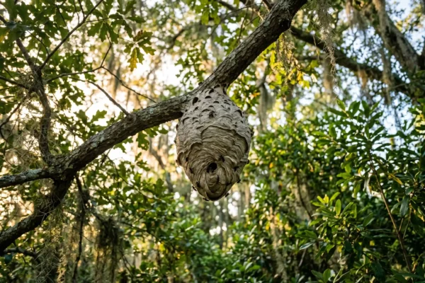 yellow-legged hornet papery nest in a Georgia tree