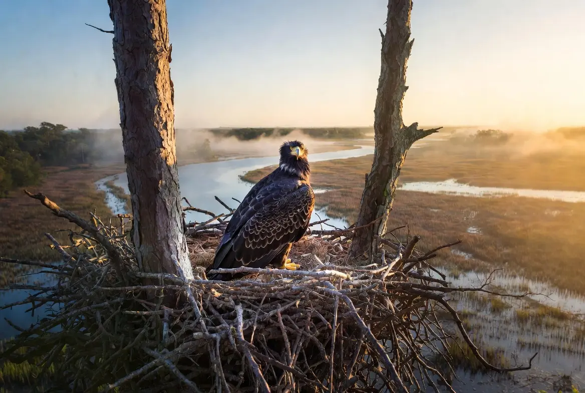 Georgia coastal bald eagle at pine nest over marsh