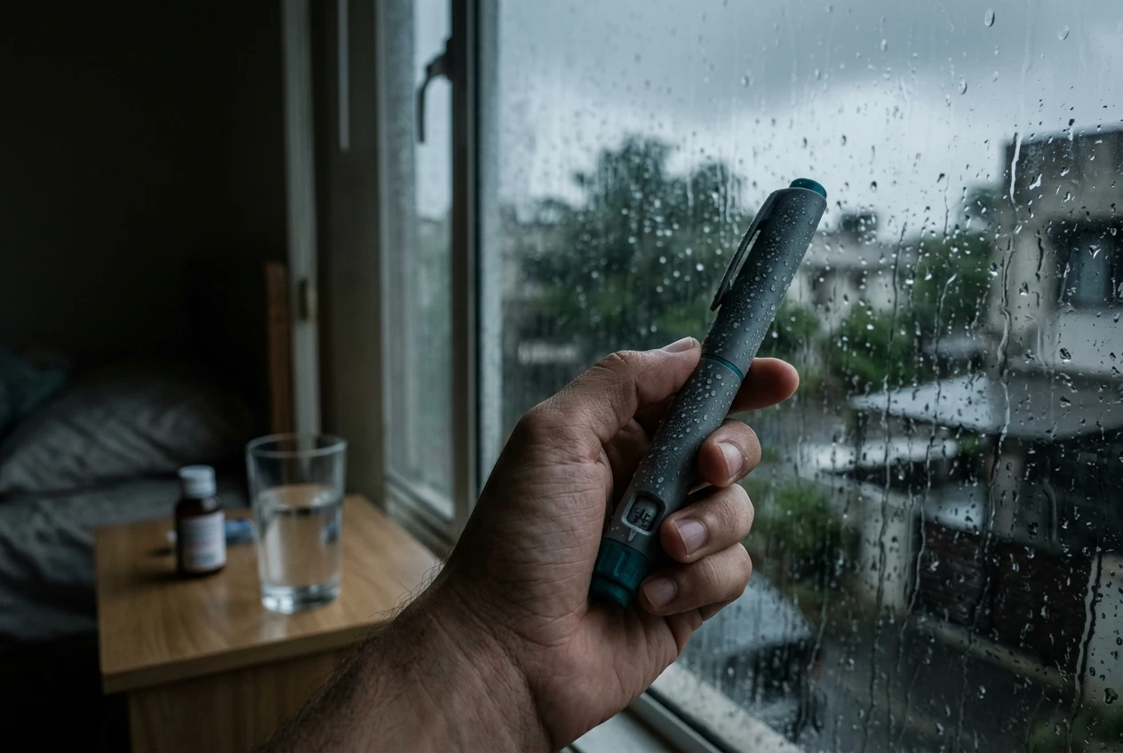 Insulin pen with visible condensation in humid monsoon air