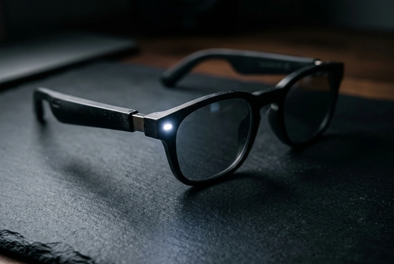 Meta AI glasses white capture LED on dark frames