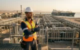 Saudi engineer at green hydrogen export terminal with electrolysers and tanker