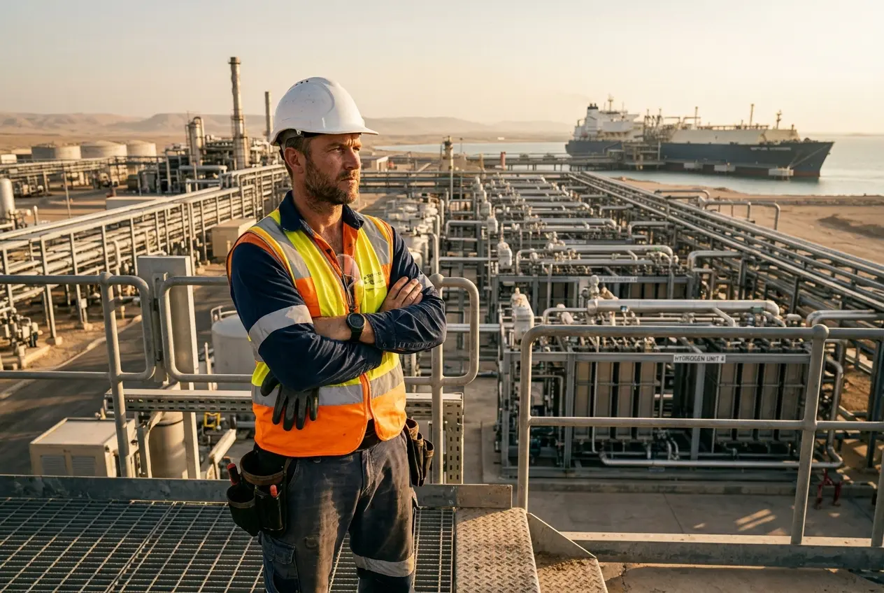 Saudi engineer at green hydrogen export terminal with electrolysers and tanker