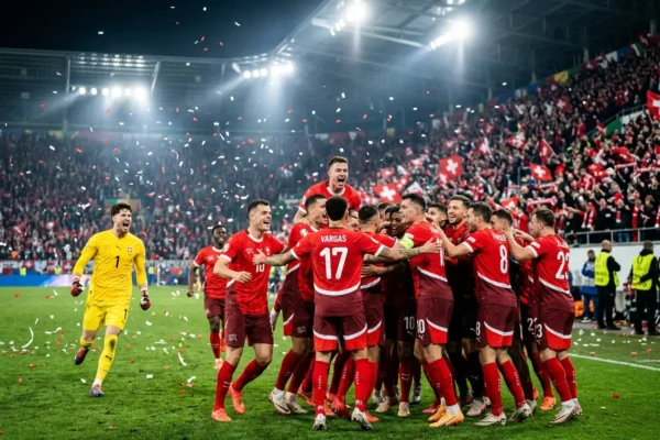 Switzerland football team celebrating 2026 World Cup quarterfinal