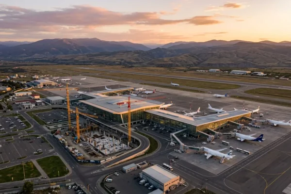 Tbilisi airport expansion aerial view at golden hour