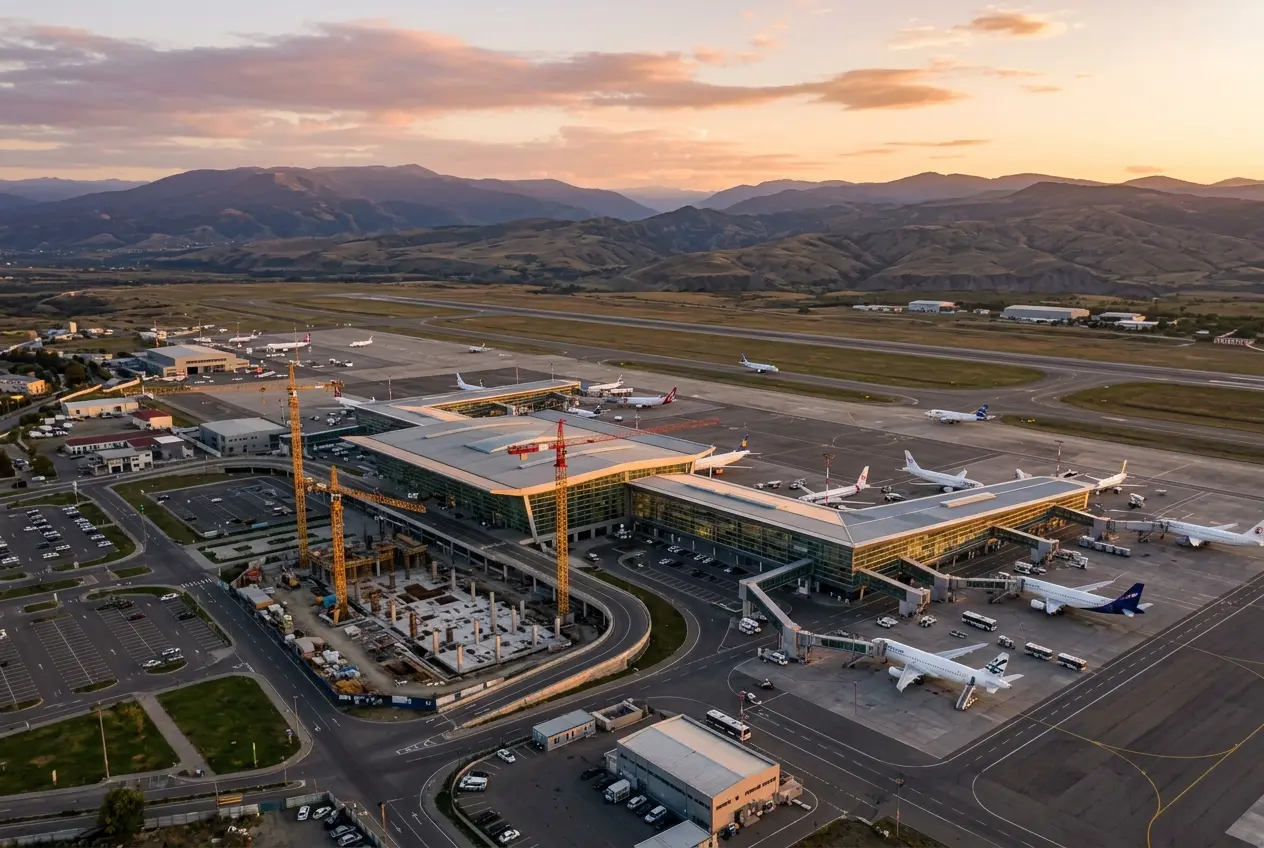 Tbilisi airport expansion aerial view at golden hour