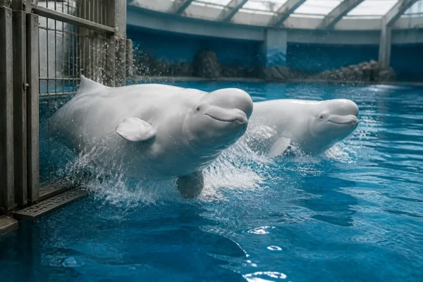 Balor Zephyr beluga whales arrive Georgia Aquarium Marineland rescue