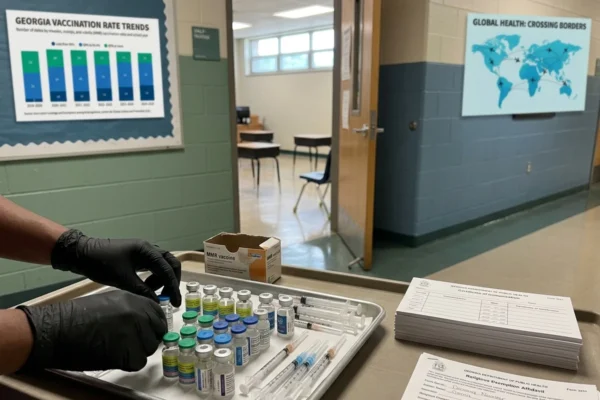 Georgia kindergarten vaccine rates exemptions measles 2026