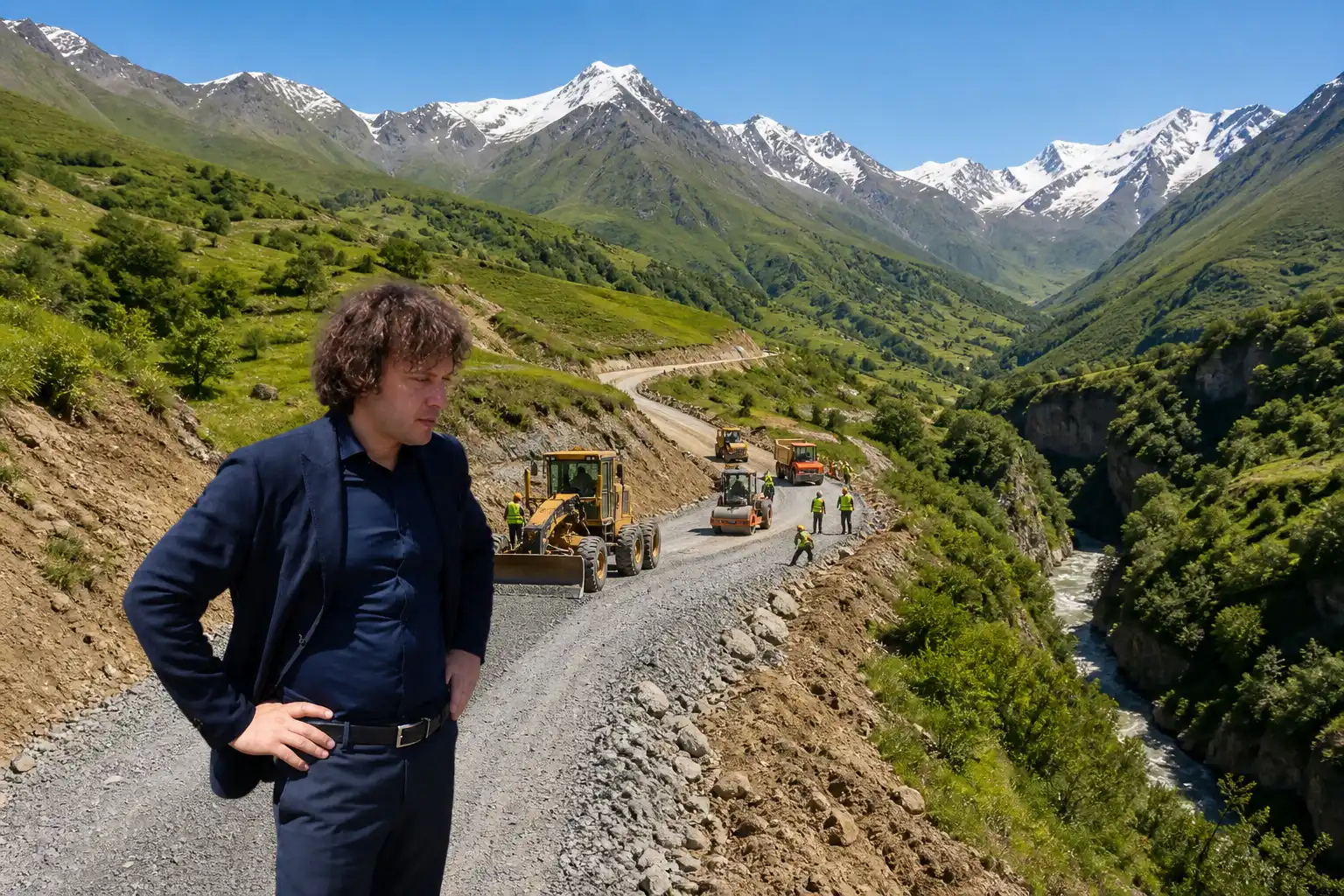 Shkmeri Mravaldzali road construction Racha Georgia mountains